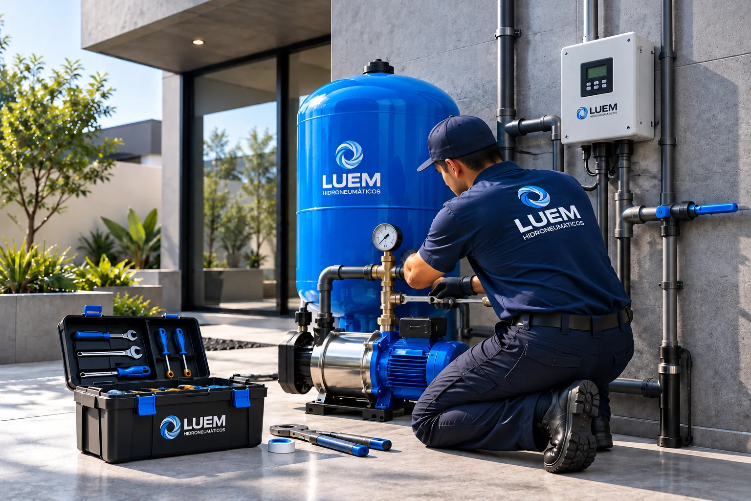 Técnico LUEM instalando un sistema hidroneumático